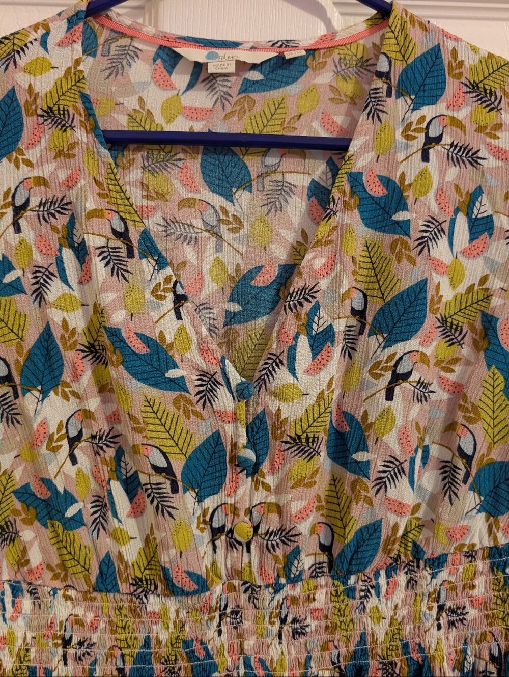 Boden Dress Womens 10P Smocked Toucan Print Long Sleeve Midi Tropical